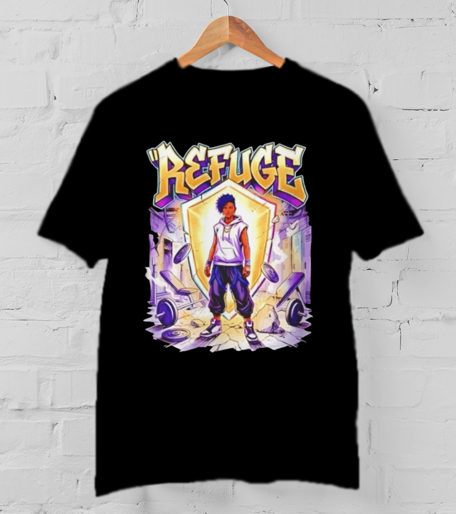 Refuge Strength God Shield Manga Style Weightlifting Motif T-Shirt