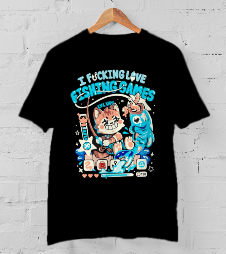 I Fucking Love Fishing Games XP Splash Cute Cat With Fish And Hearts T-Shirt
