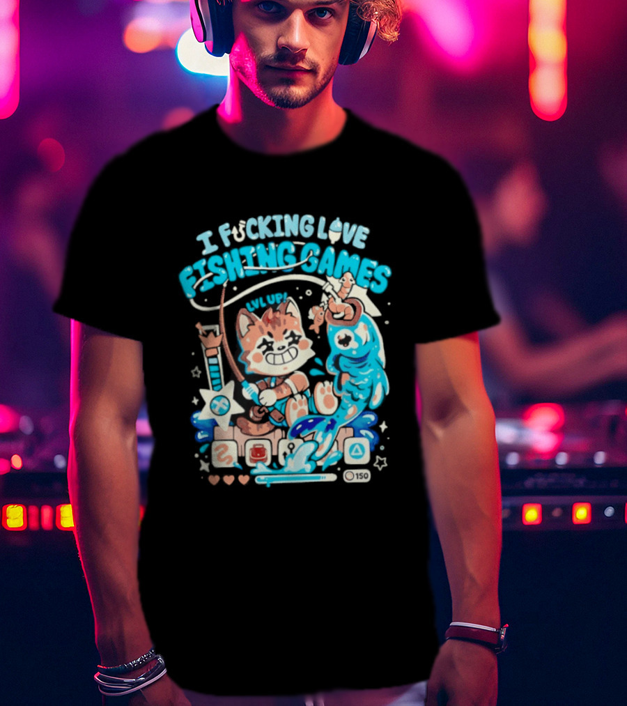 I Fucking Love Fishing Games XP Splash Cute Cat With Fish And Hearts T-Shirt
