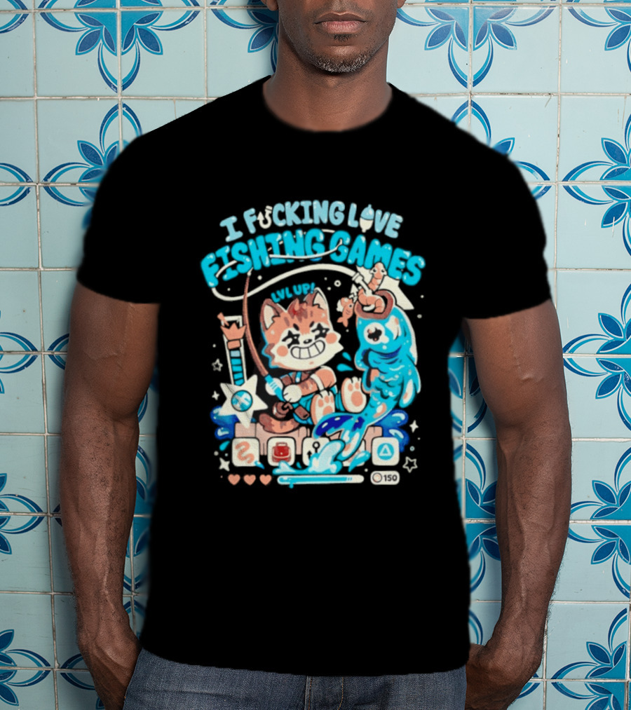 I Fucking Love Fishing Games XP Splash Cute Cat With Fish And Hearts T-Shirt