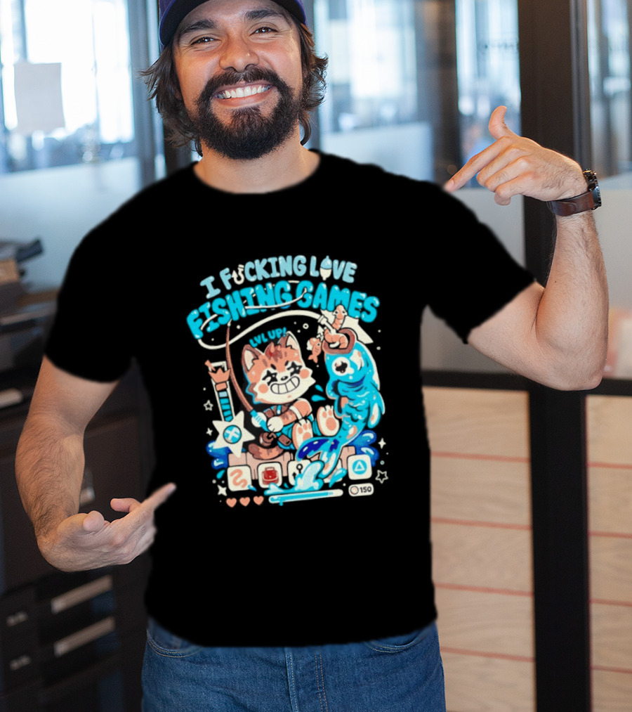 I Fucking Love Fishing Games XP Splash Cute Cat With Fish And Hearts T-Shirt
