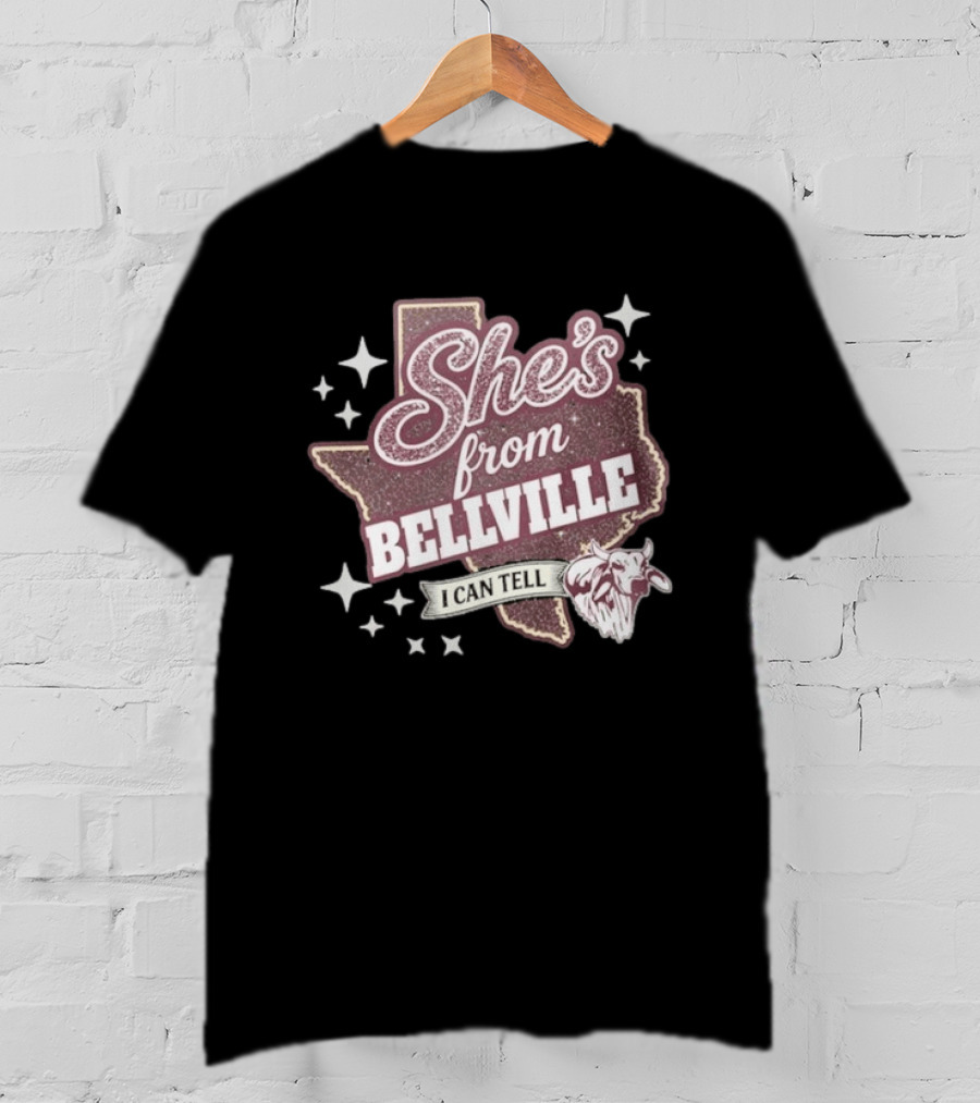 She's From Bellville I Can Tell Texas Map Stars Cowhead T-Shirt