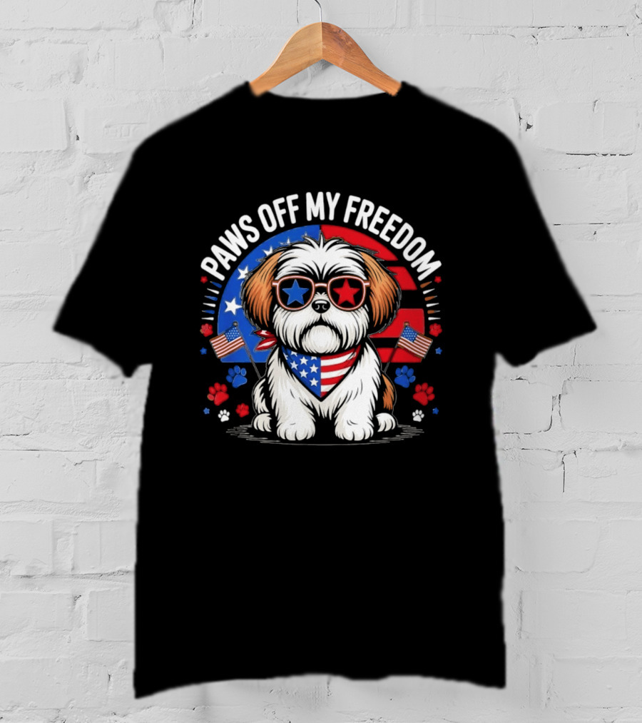 Paws Off My Freedom Shih Tzu American Flag Sunglasses Stars And Stripes T-Shirt
