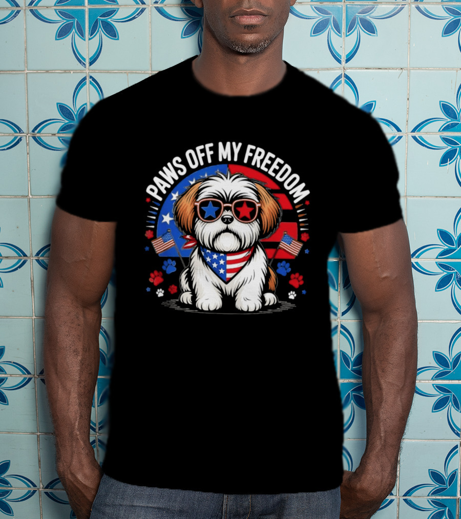 Paws Off My Freedom Shih Tzu American Flag Sunglasses Stars And Stripes T-Shirt