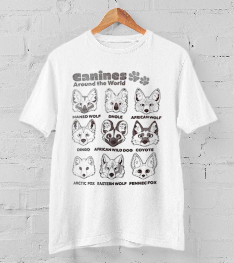 Ganines Around The World Maned Wolf Dhole Bush Dog African Wild Dog Coyote Culpeo Raccoon Dog Tibetan Fox Ethiopian Wolf Tanuki T-Shirt