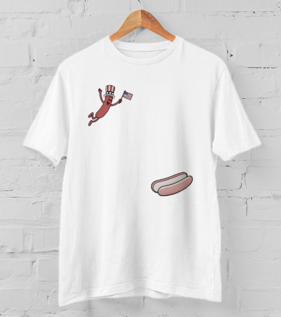 Hot Dog Wearing USA Flag Hat Jumping With American Spirit T-Shirt