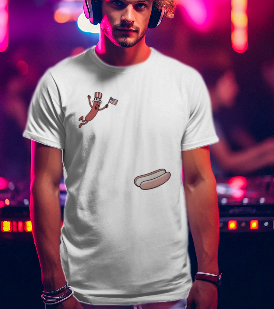 Hot Dog Wearing USA Flag Hat Jumping With American Spirit T-Shirt