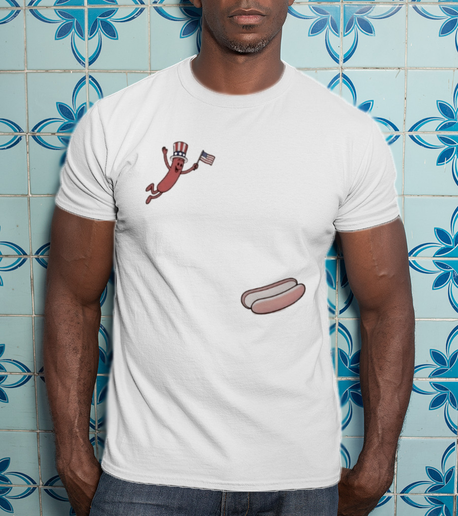 Hot Dog Wearing USA Flag Hat Jumping With American Spirit T-Shirt