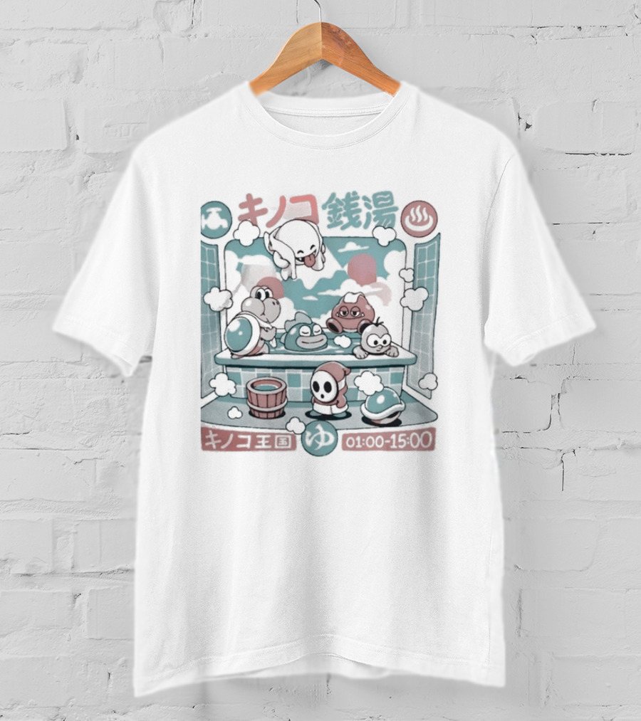 Mushroom Bathhouse Ilustrata Onsen Adventure Kanji Pixel T-Shirt