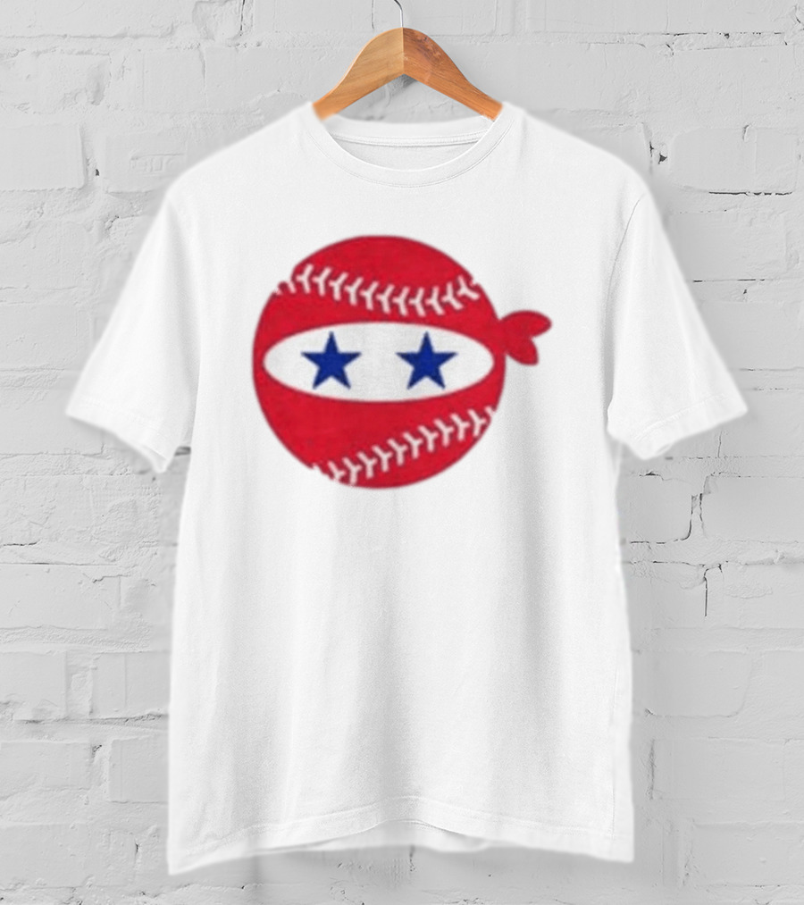 Pitching Ninja Baseball Two Blue Stars Red Baseball Stitches T-Shirt