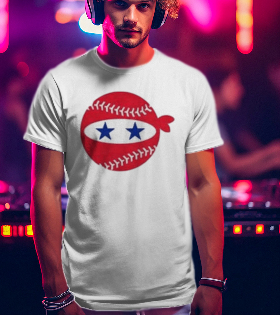 Pitching Ninja Baseball Two Blue Stars Red Baseball Stitches T-Shirt