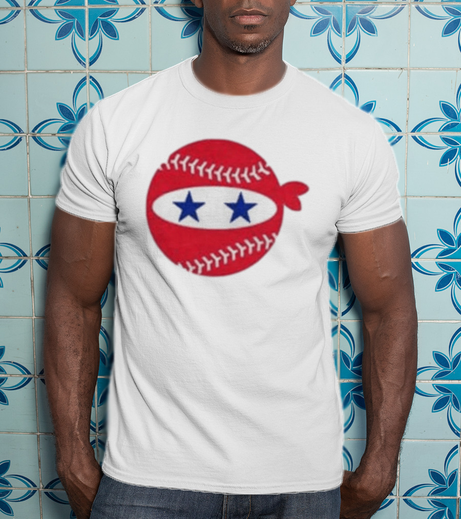 Pitching Ninja Baseball Two Blue Stars Red Baseball Stitches T-Shirt