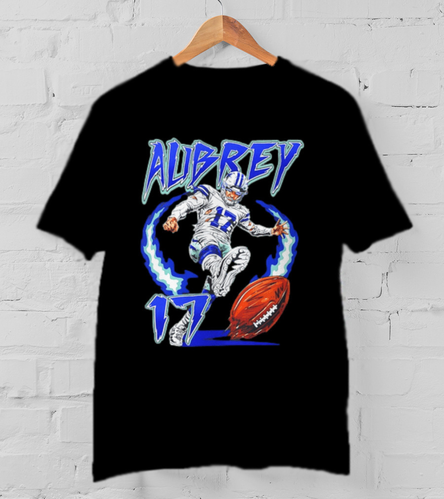 Aubrey 17 Dallas Football Player Kicking With Blue Lightning T-Shirt