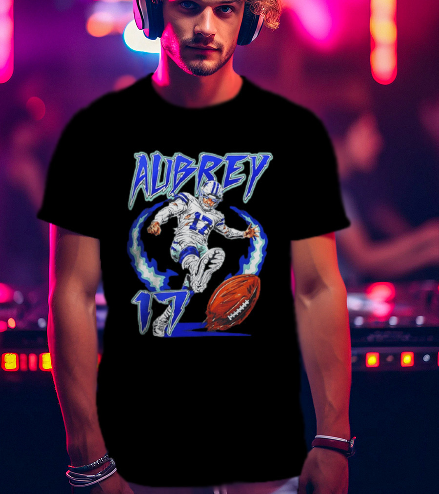 Aubrey 17 Dallas Football Player Kicking With Blue Lightning T-Shirt