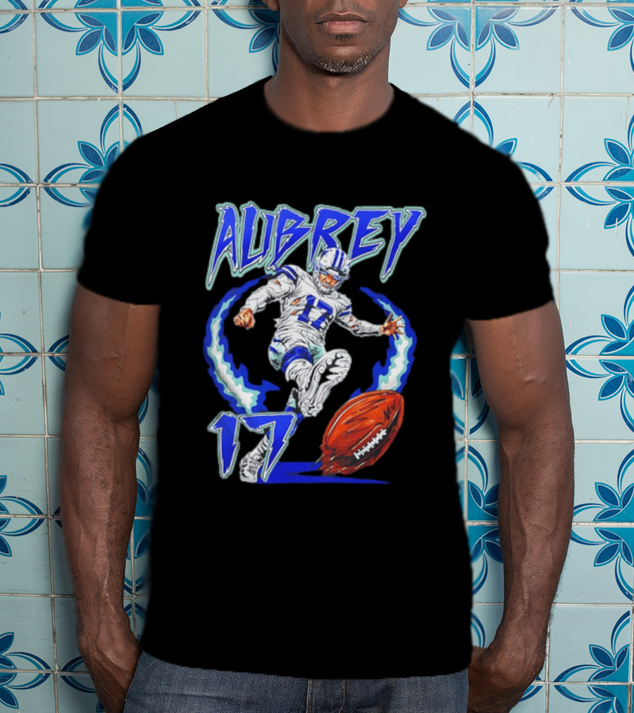 Aubrey 17 Dallas Football Player Kicking With Blue Lightning T-Shirt