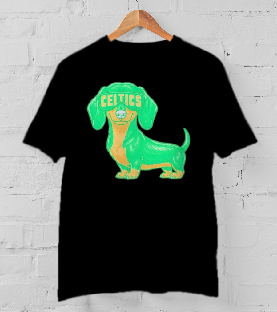 Boston Celtics Dachshund Cartoon Glasses T-Shirt