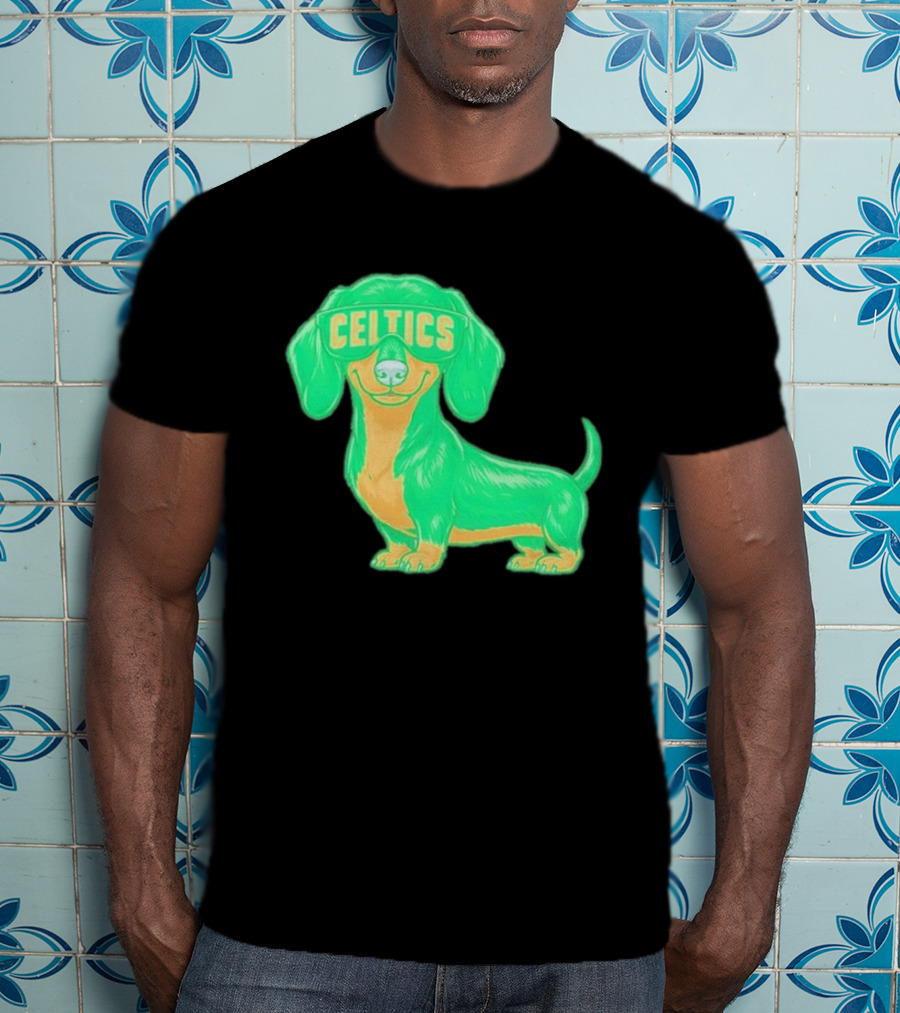 Boston Celtics Dachshund Cartoon Glasses T-Shirt
