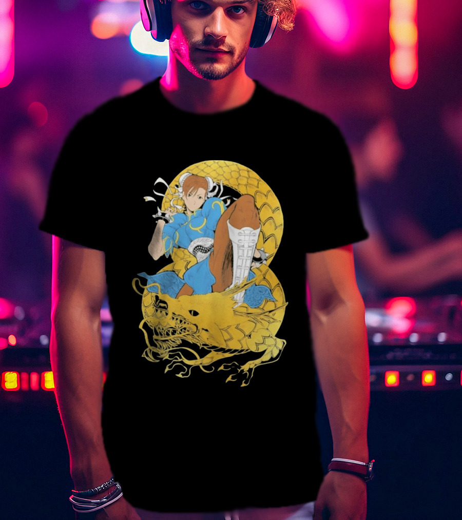 Chun Li Gold Dragon Kick Fighter Blue Outfit Gold Dragon T-Shirt