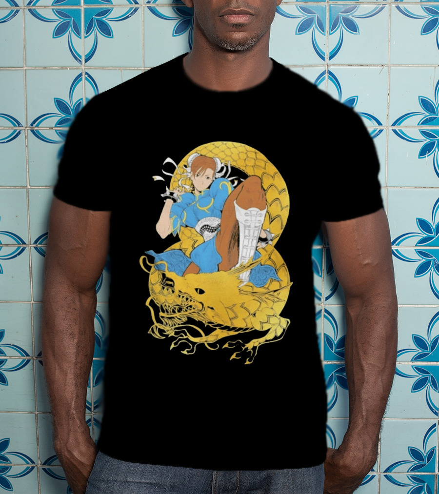 Chun Li Gold Dragon Kick Fighter Blue Outfit Gold Dragon T-Shirt