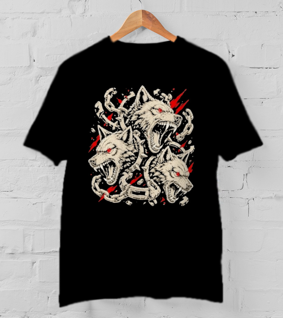 Three Headed Wolf Cerberus Mythical Beast Chains And Red Accents T-Shirt