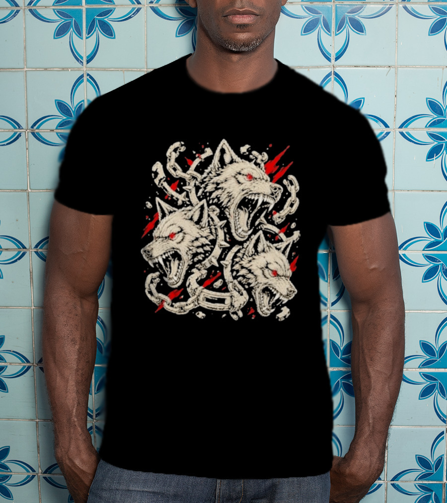 Three Headed Wolf Cerberus Mythical Beast Chains And Red Accents T-Shirt
