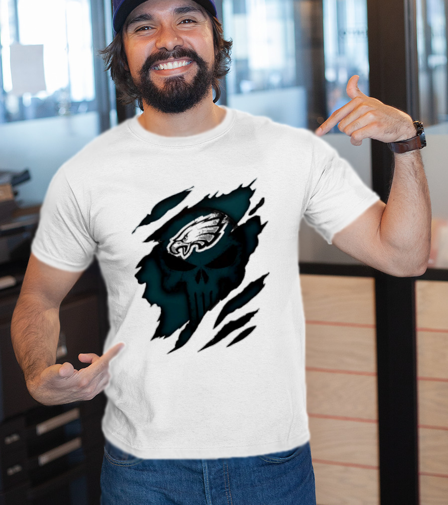Philadelphia Eagles Punisher Skull Ripped Effect NFL Team Merchandise T-Shirt