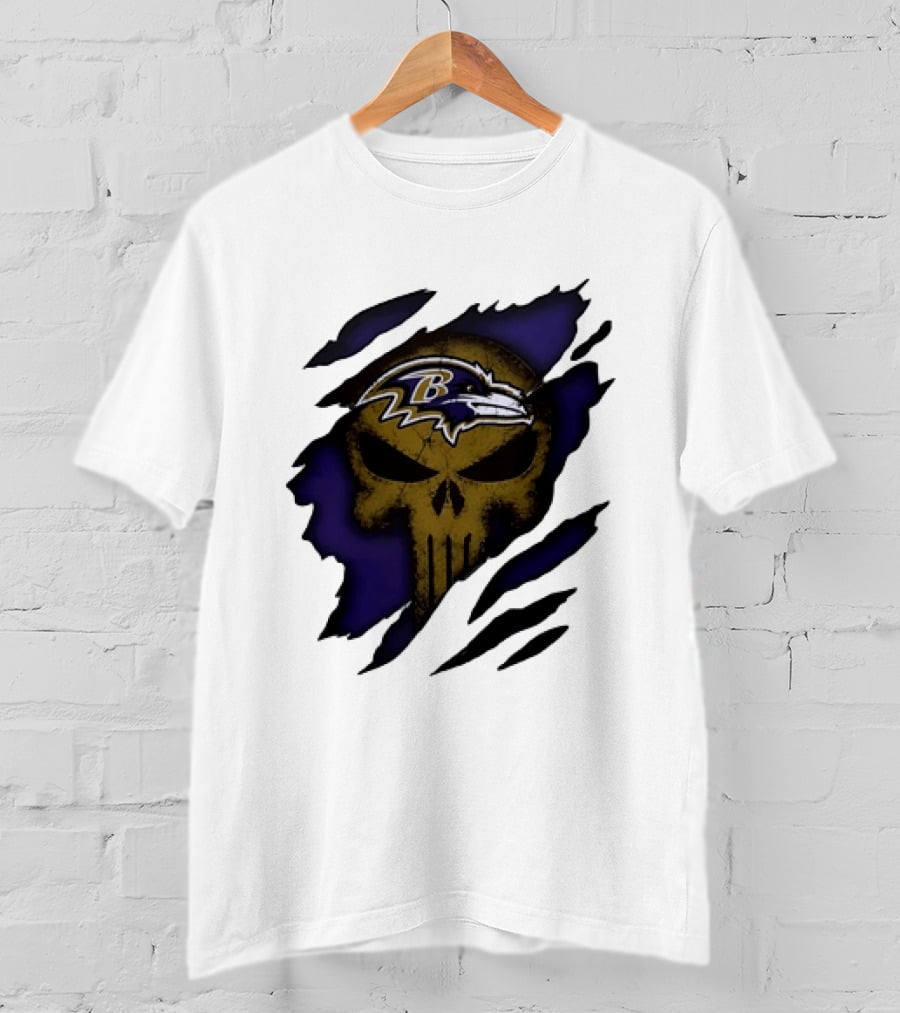 Baltimore Ravens Punisher Skull Torn Effect Fan Gear T-Shirt