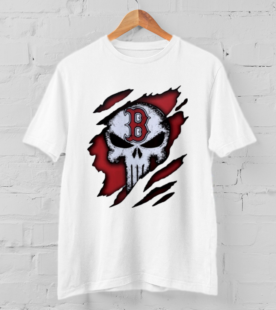 Boston Red Sox Skull Punisher Shredded Effect T-Shirt