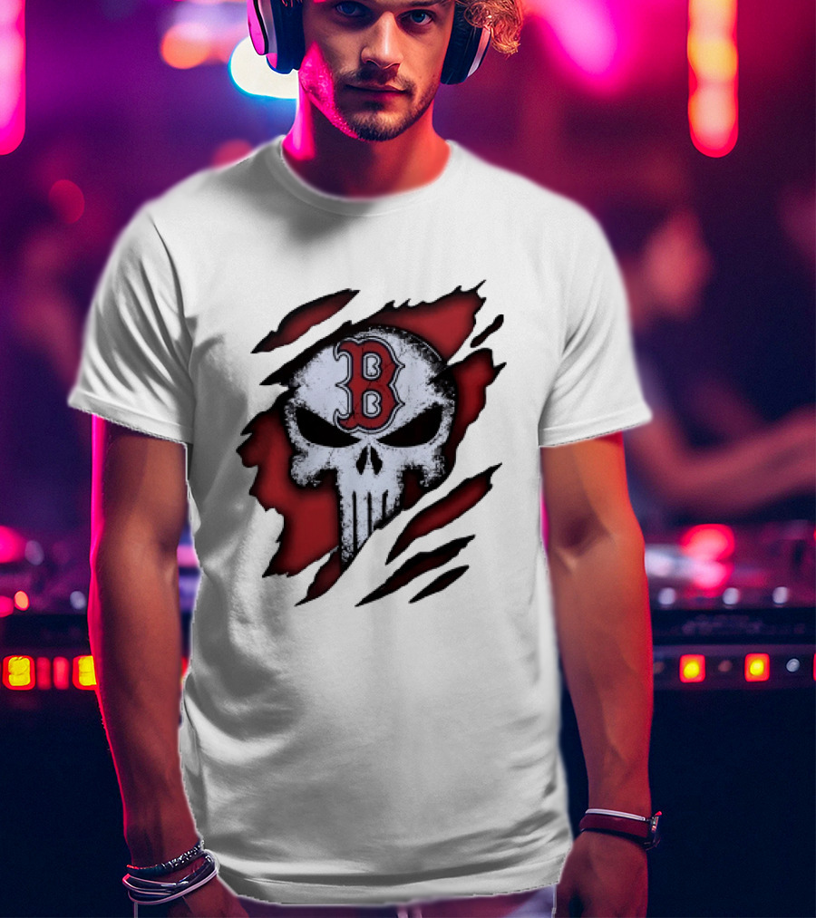 Boston Red Sox Skull Punisher Shredded Effect T-Shirt