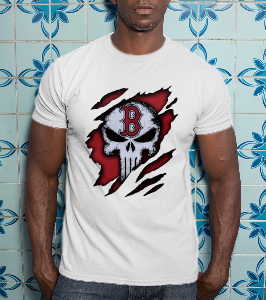 Boston Red Sox Skull Punisher Shredded Effect T-Shirt