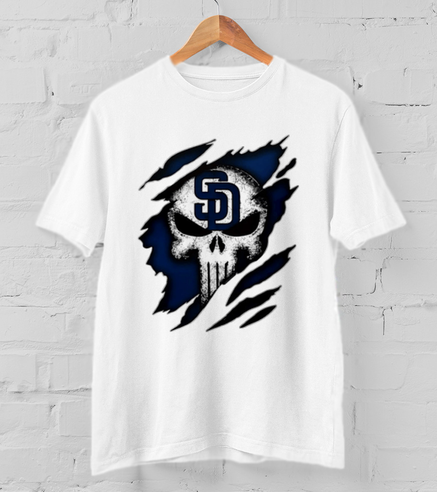 SD Punisher Skull Ripped Fabric San Diego Padres T-Shirt