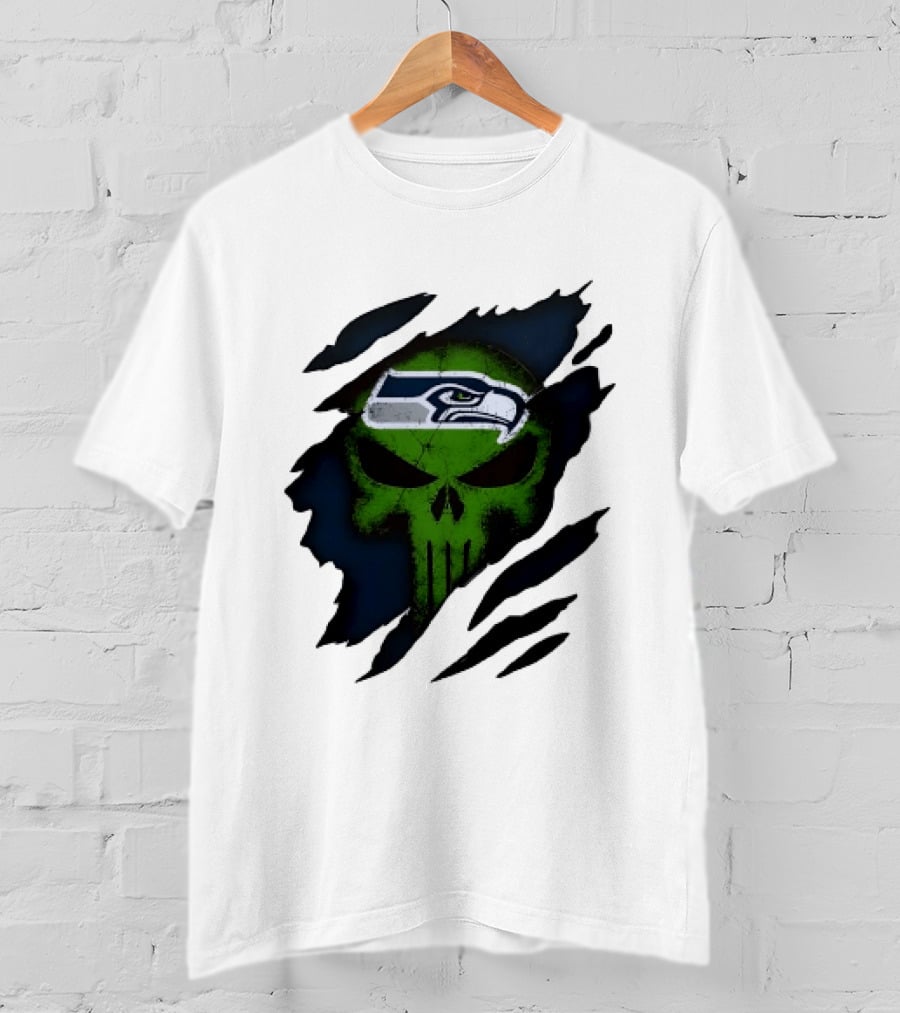 Seattle Seahawks Punisher Skull Ripped Fabric T-Shirt