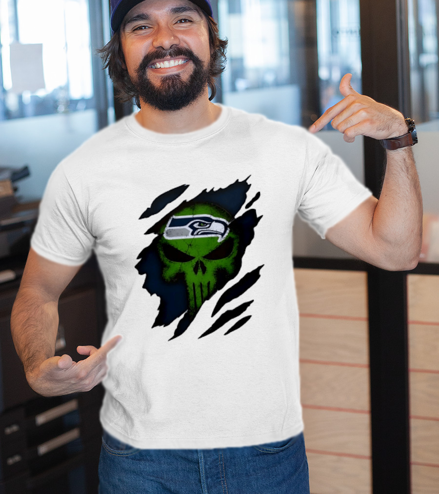 Seattle Seahawks Punisher Skull Ripped Fabric T-Shirt