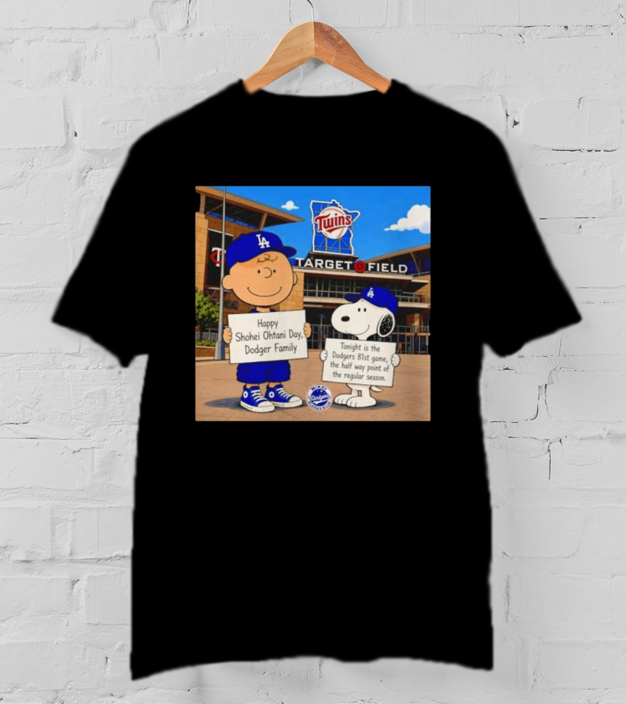 Snoopy And Charlie Brown Happy Shohei Ohtani Day Dodgers Twins Target Field T-Shirt