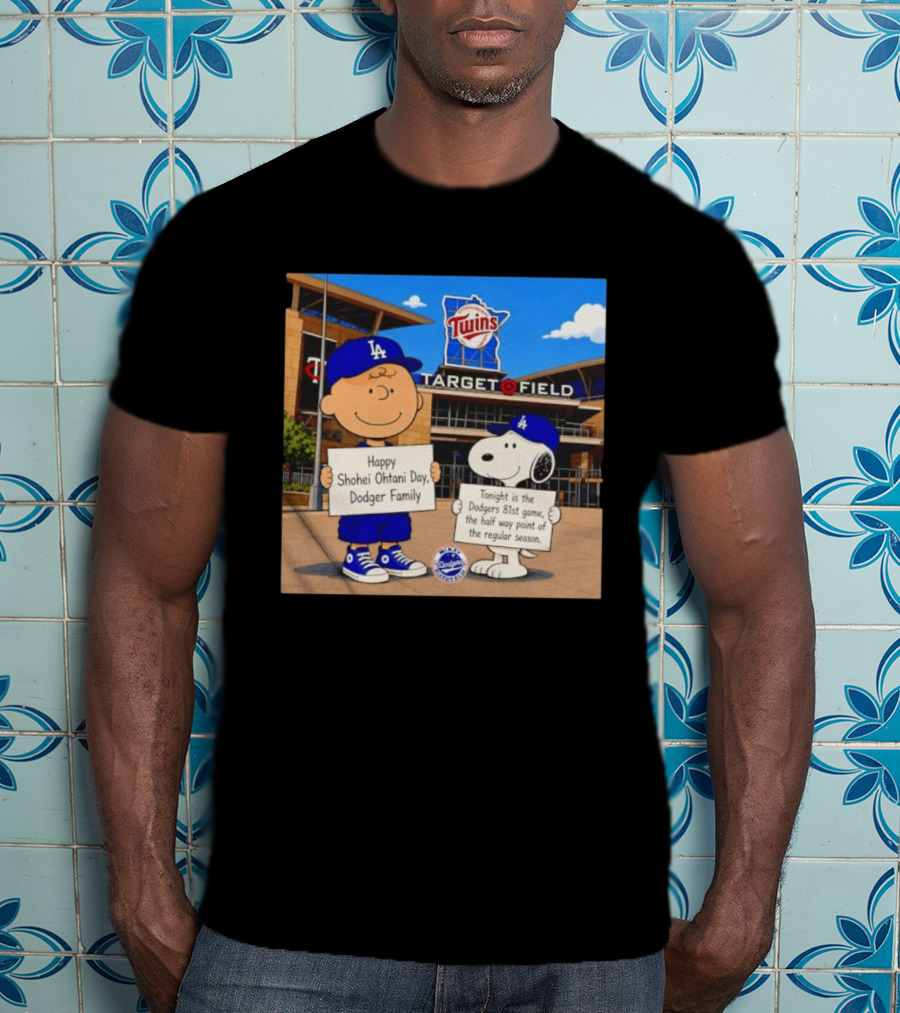 Snoopy And Charlie Brown Happy Shohei Ohtani Day Dodgers Twins Target Field T-Shirt