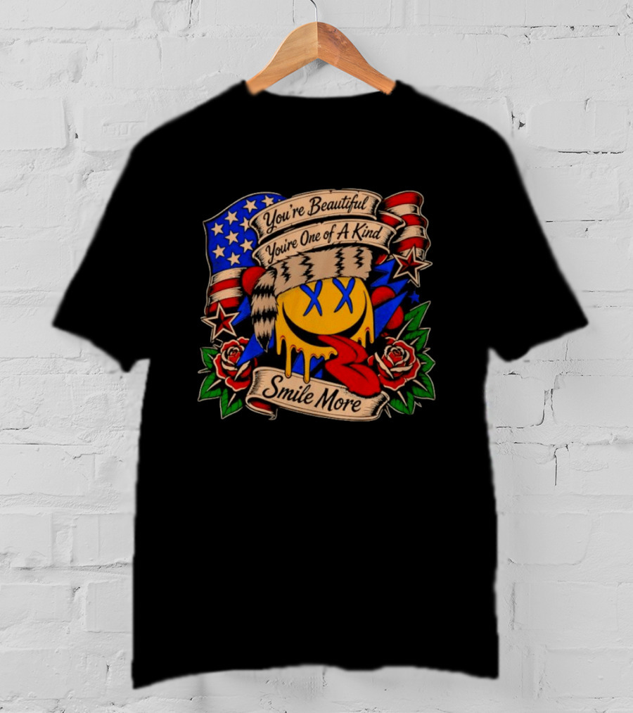 Smile More You're Beautiful You're One Of A Kind American Flag Roses Smiley Face T-Shirt