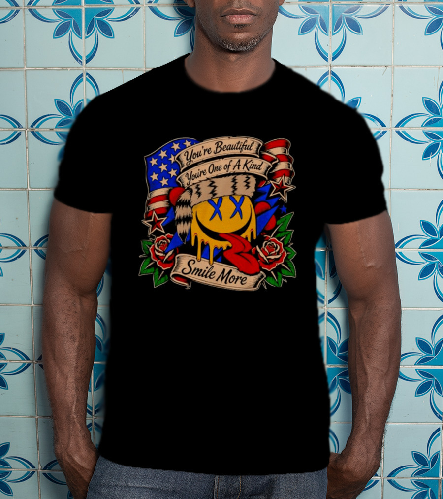 Smile More You're Beautiful You're One Of A Kind American Flag Roses Smiley Face T-Shirt