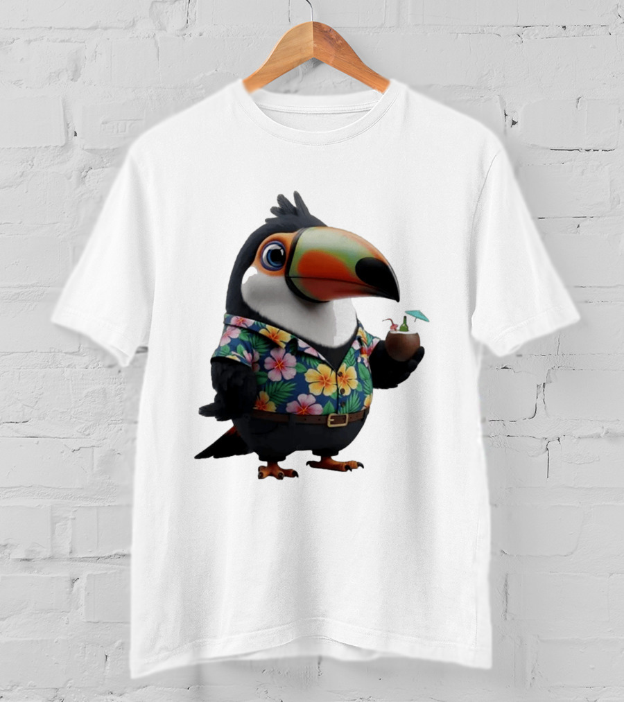 Cartoon Toucan In Hawaiian With Tropical Coconut Drink T-Shirt