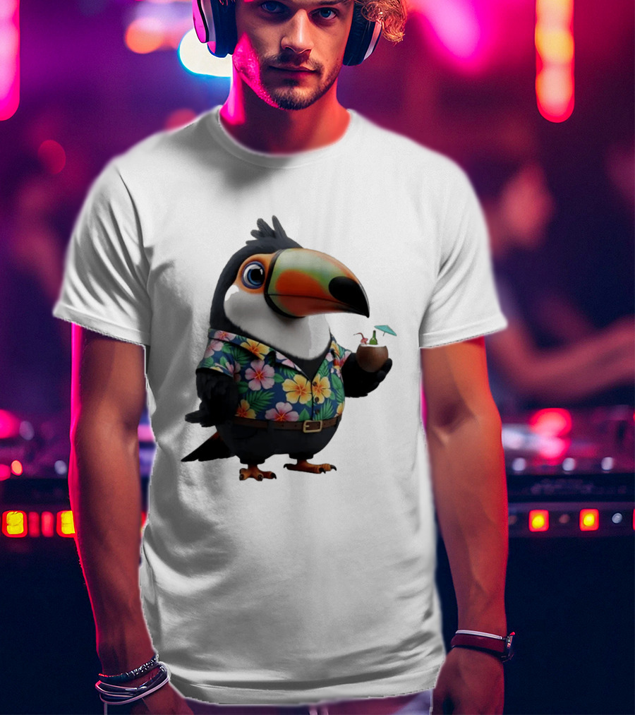 Cartoon Toucan In Hawaiian With Tropical Coconut Drink T-Shirt