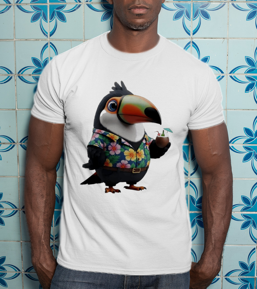 Cartoon Toucan In Hawaiian With Tropical Coconut Drink T-Shirt