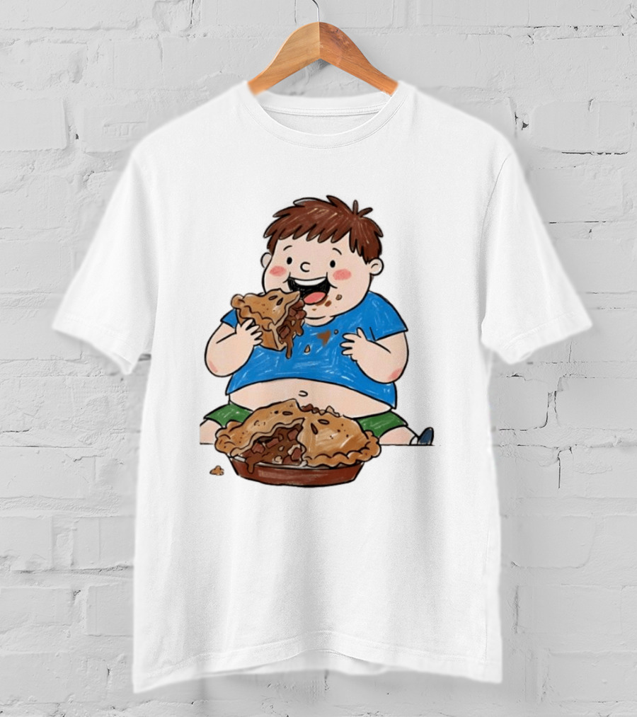 Funny Eating Pies Cartoon Boy Indulging In Delicious Pastry T-Shirt
