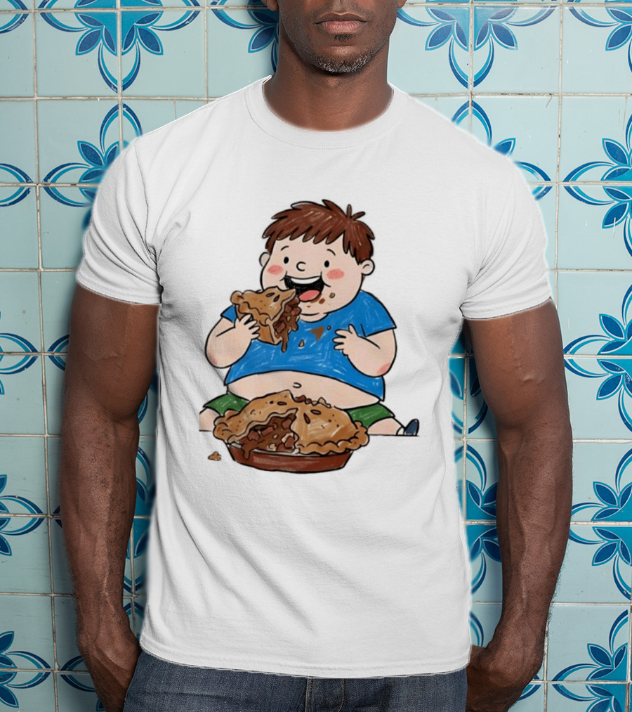 Funny Eating Pies Cartoon Boy Indulging In Delicious Pastry T-Shirt