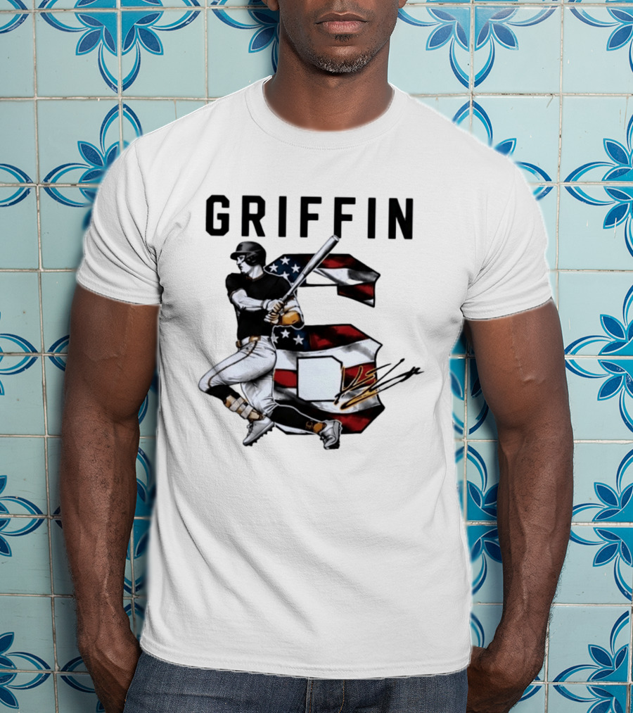 Griffin Baseball Player Swinging Bat American Flag Number 6 T-Shirt
