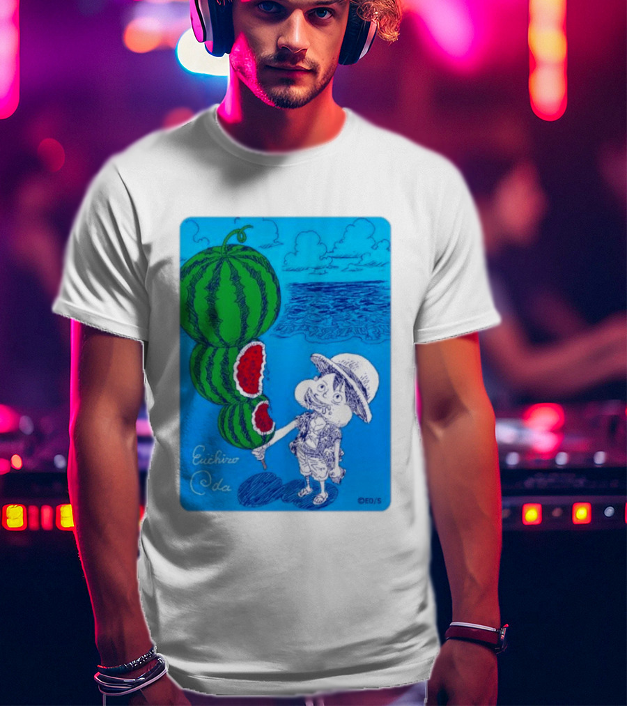 Monkey D Luffy Watermelon Eating Art By Eiichiro Oda One Piece Ocean Scene T-Shirt