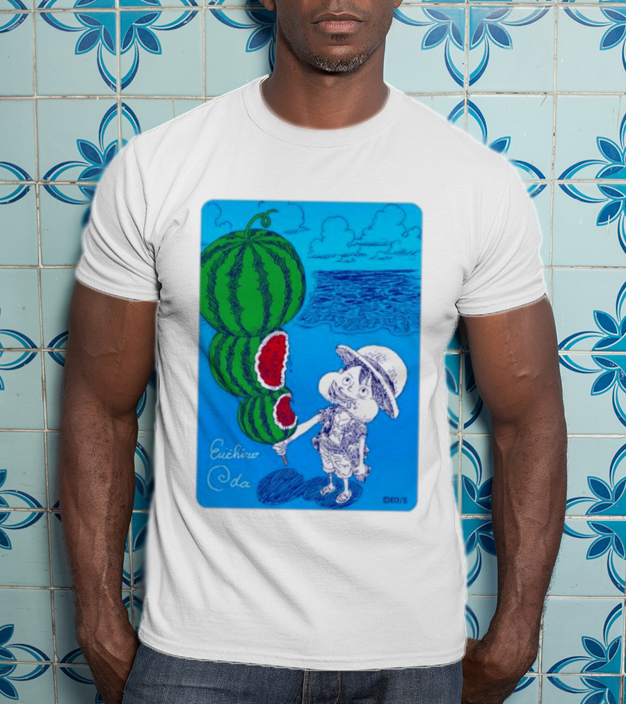 Monkey D Luffy Watermelon Eating Art By Eiichiro Oda One Piece Ocean Scene T-Shirt