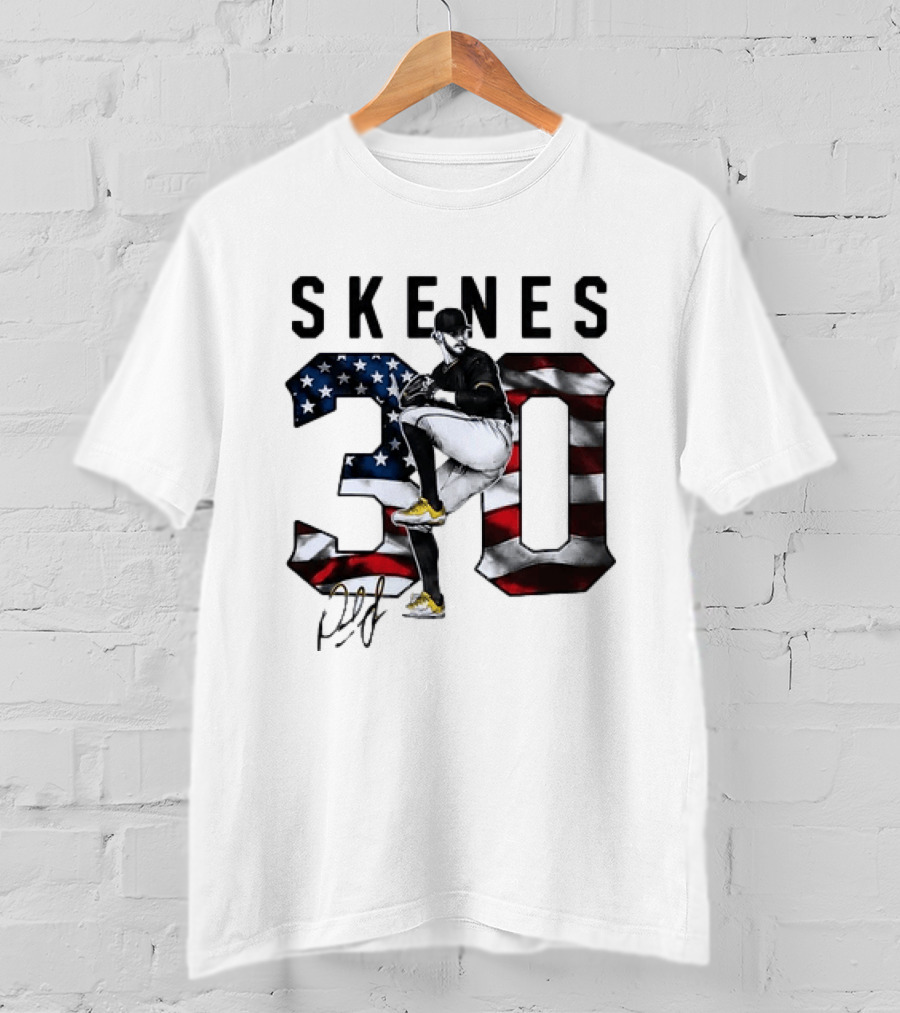 Skenes 30 Pitching Pose Pittsburgh Pirates American Flag Baseball T-Shirt