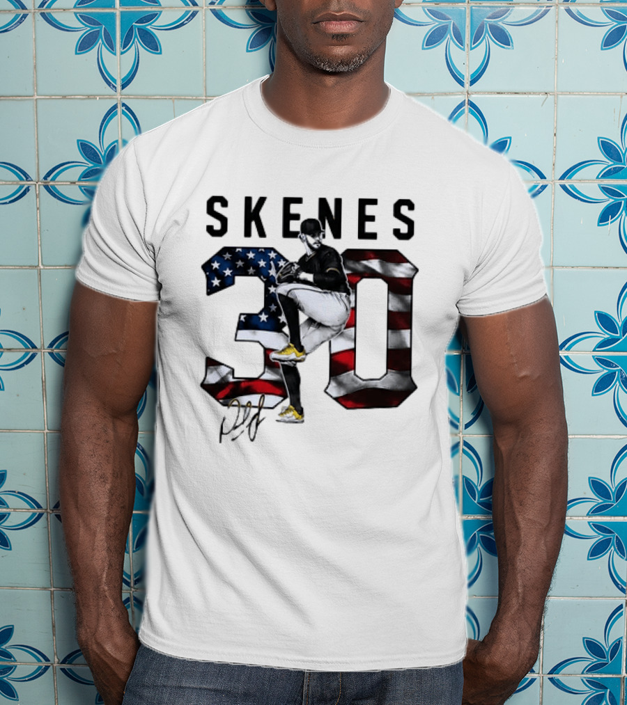 Skenes 30 Pitching Pose Pittsburgh Pirates American Flag Baseball T-Shirt