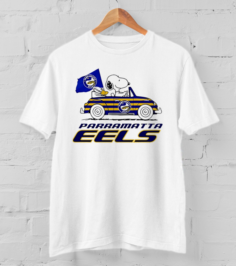 Snoopy Driving Car With Parramatta Eels Flag National Rugby League T-Shirt
