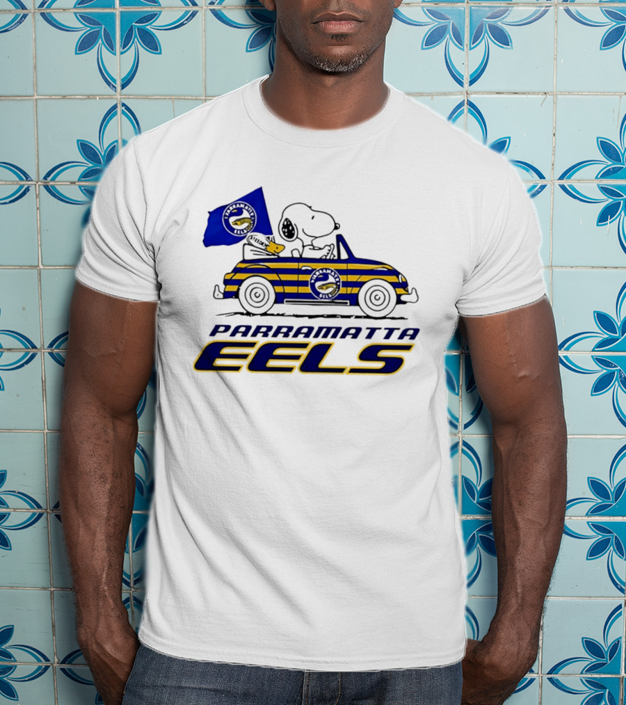 Snoopy Driving Car With Parramatta Eels Flag National Rugby League T-Shirt