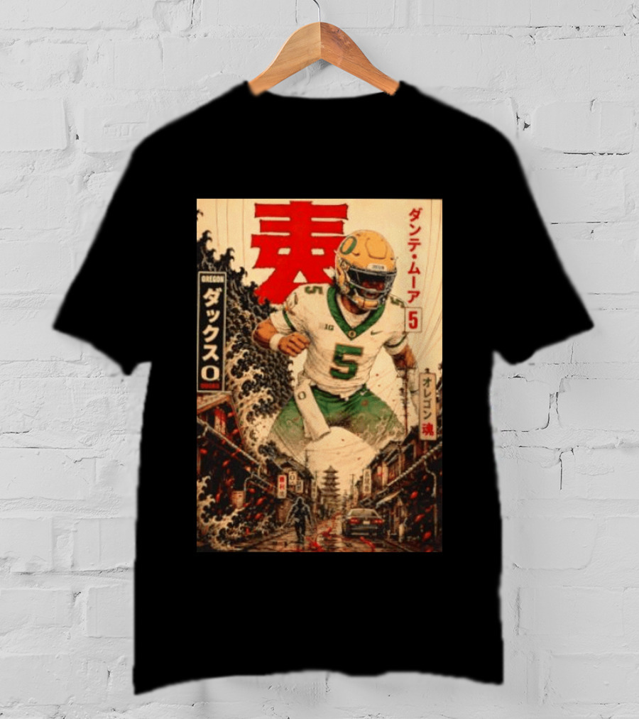 Dante Moore Number 5 Oregon Ducks Football Japanese Art Style Rugged City Scene T-Shirt